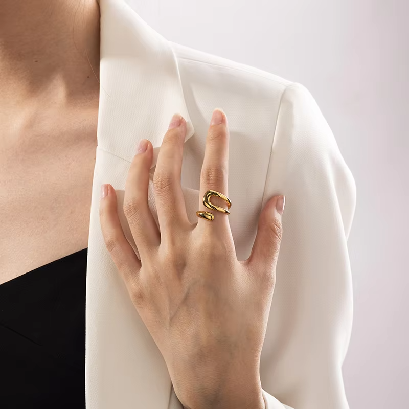 18K Gold Plated Stainless Steel Geometric Open Ring – Waterproof Chunky Hollow Statement Ring for Women