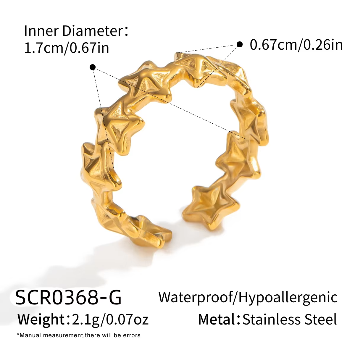 Trendy 18K PVD Gold Plated Pentagram Open Ring – Waterproof Geometric Splicing Stainless Steel Jewelry for Women