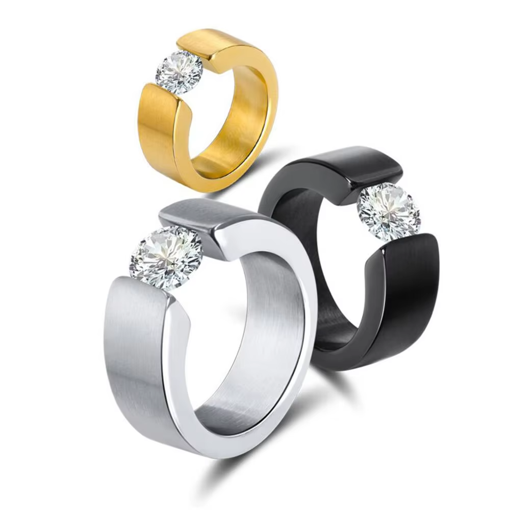 Luxury Stainless Steel CZ Zircon Ring for Men and Women – Black, Gold, Silver | Engagement & Anniversary Jewelry