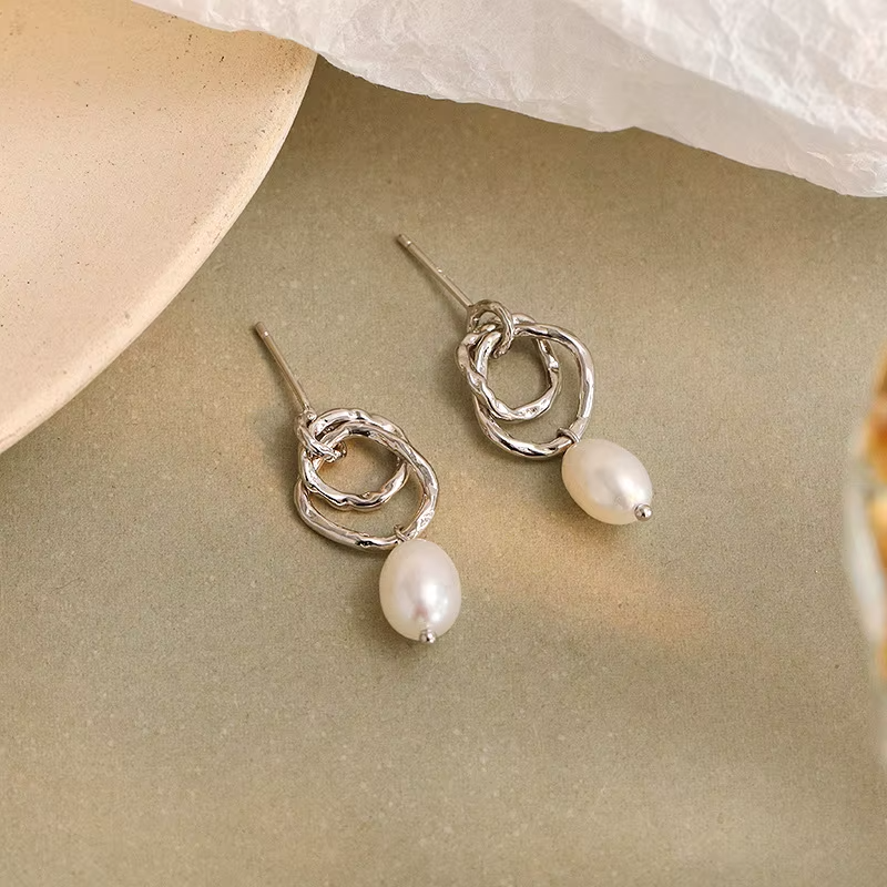 925 Sterling Silver Pearl Drops Earrings Double Hoops Baroque Pearl Earrings