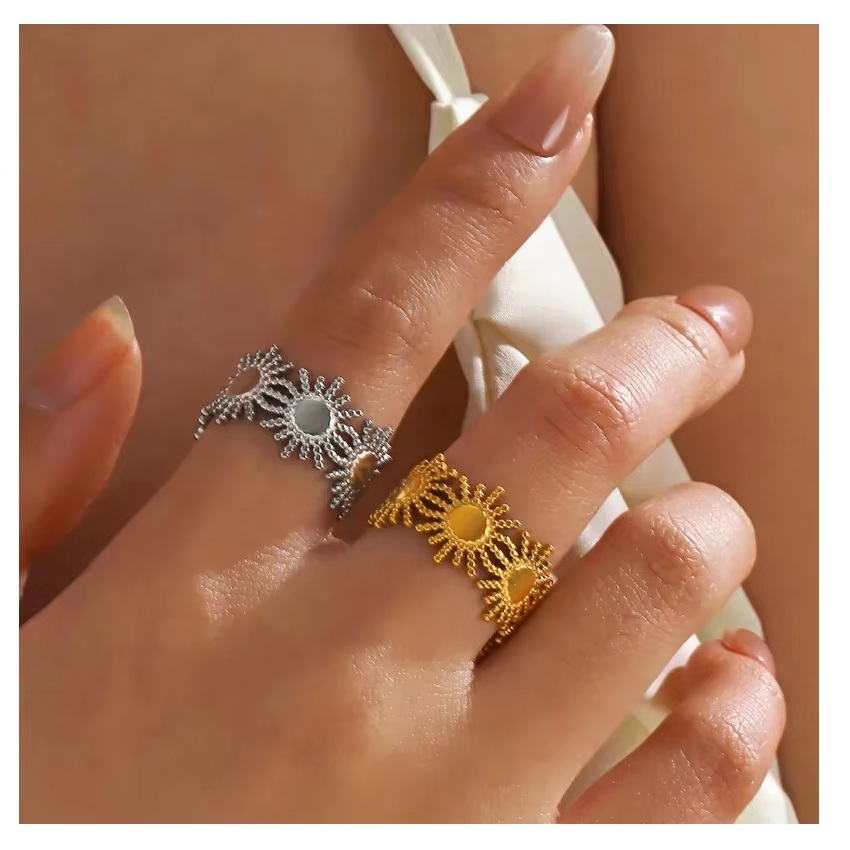 Vintage Sun Pattern Open Ring – 18K Gold Plated Stainless Steel Fashion Jewelry for Women