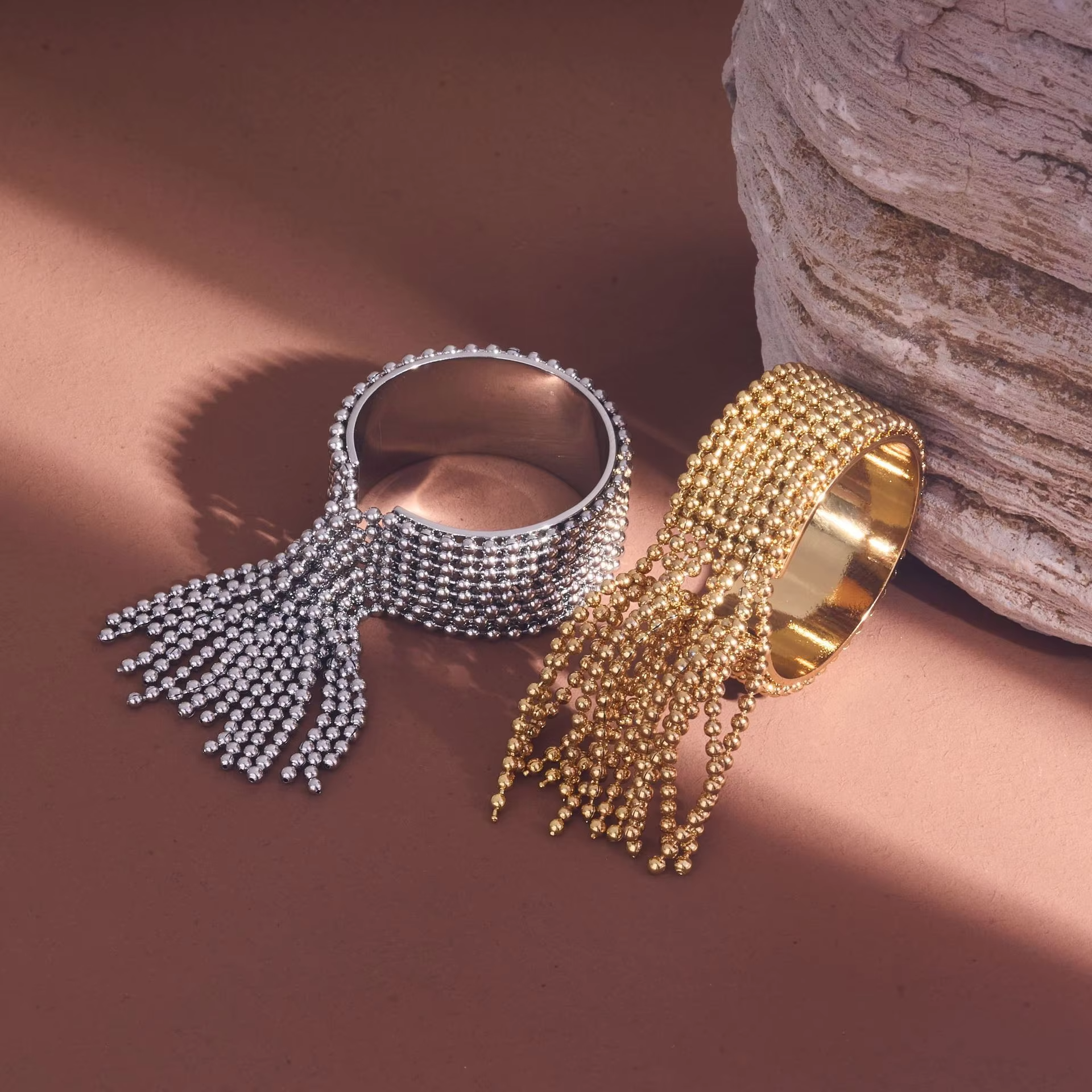Beaded Tassel Fringe Ring – Wide Band Adjustable 316L Stainless Steel Statement Cocktail Ring for Women