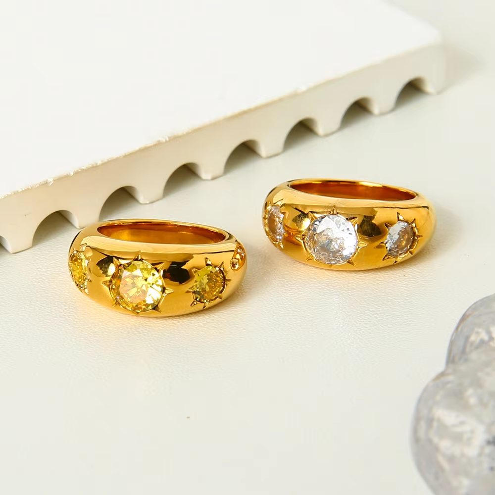 Simple Geometric 3-Zircon Ring – 18K Gold Plated Stainless Steel Elegant Fashion Ring for Women