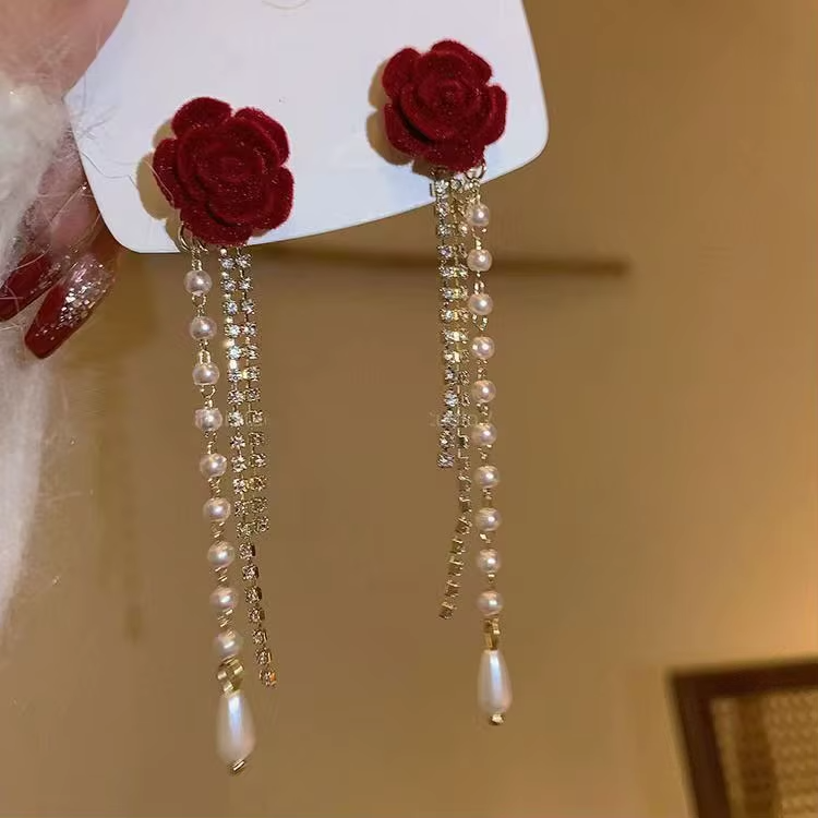 French Vintage Burgundy Fairy Earrings Wholesale Flocked Red Camellia Flower Pearl Red Camellia Flower Tassel Earrings for Women