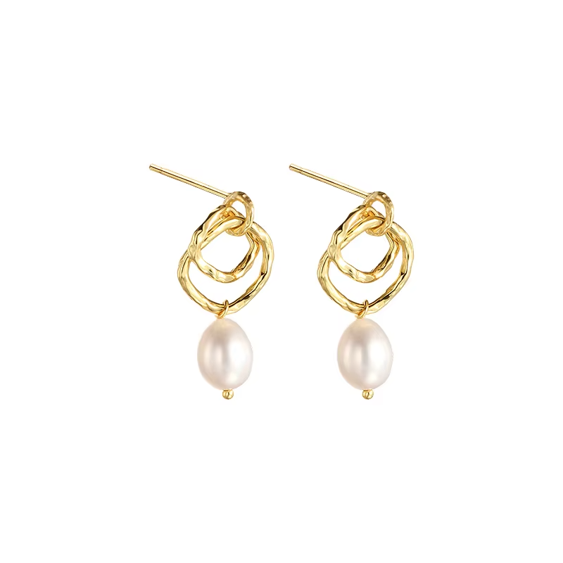 925 Sterling Silver Pearl Drops Earrings Double Hoops Baroque Pearl Earrings