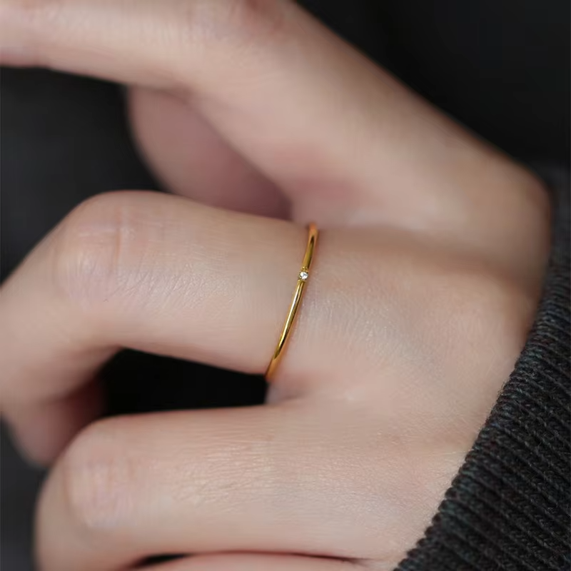 Minimalist 18K Gold Plated Stainless Steel Thin CZ Diamond Ring for Women