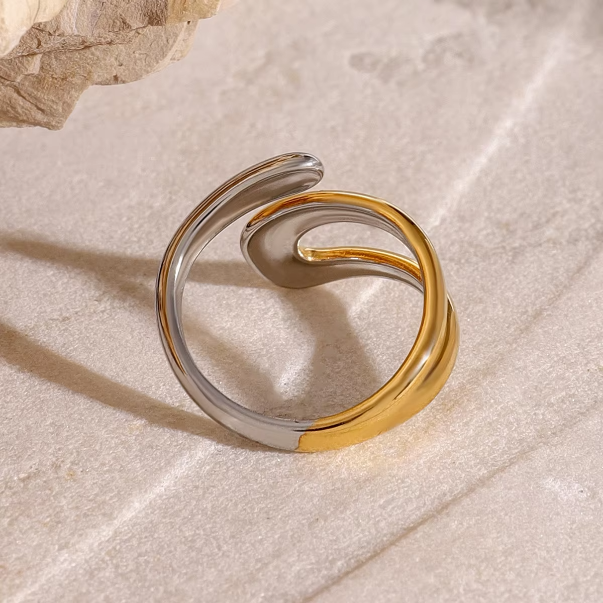 New Design Two-Tone Colorblock Cross Asymmetric Ring – 18K PVD Gold Plated Stainless Steel Statement Open Ring for Women