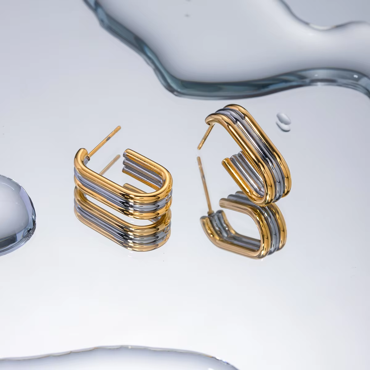 Jewelry Geometric 18K Gold Plated Stainless Steel Connect Color Three Layer Hoop Earring