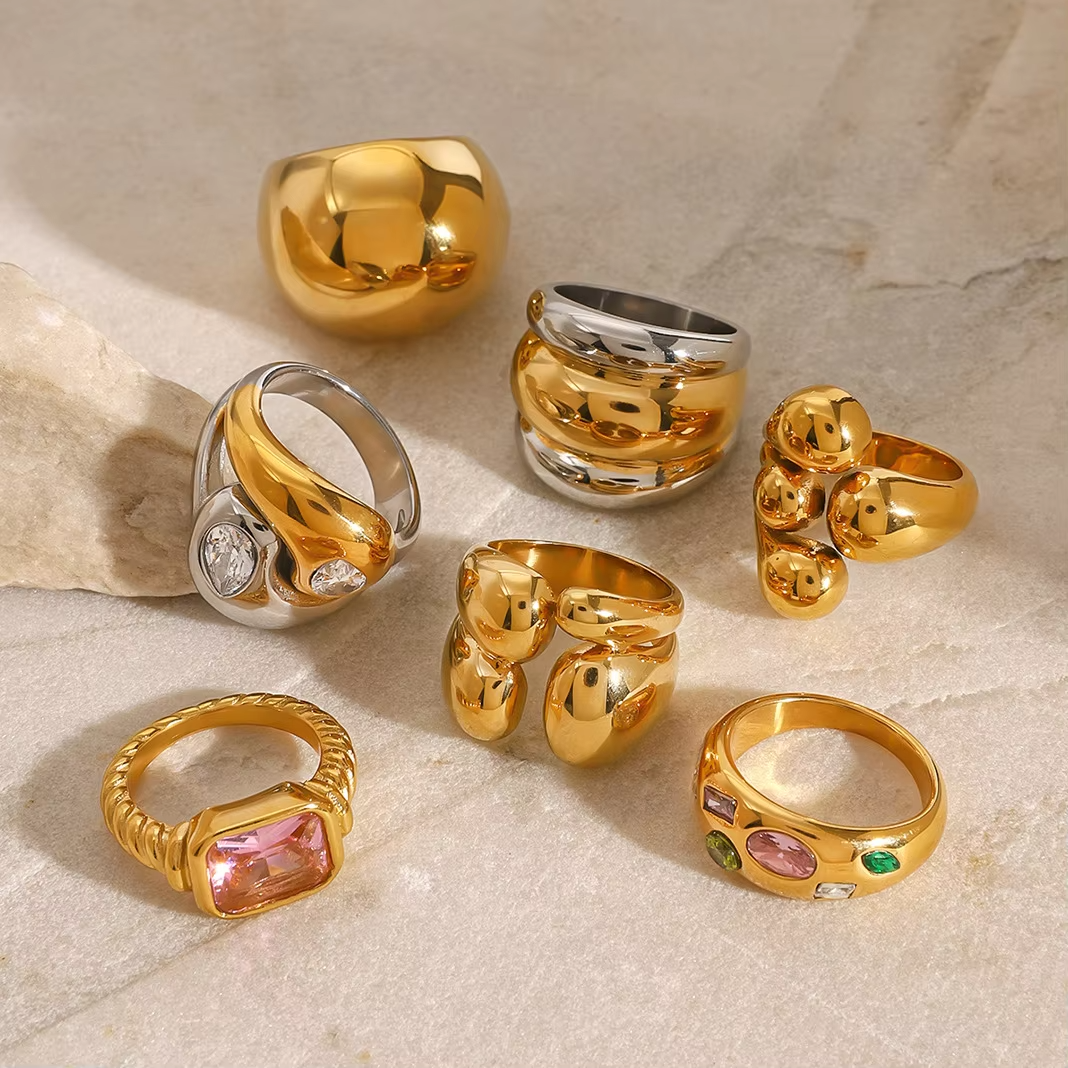 Geometric Connected Zircon Ring – 18K Gold Plated Stainless Steel Fashion Jewelry for Women