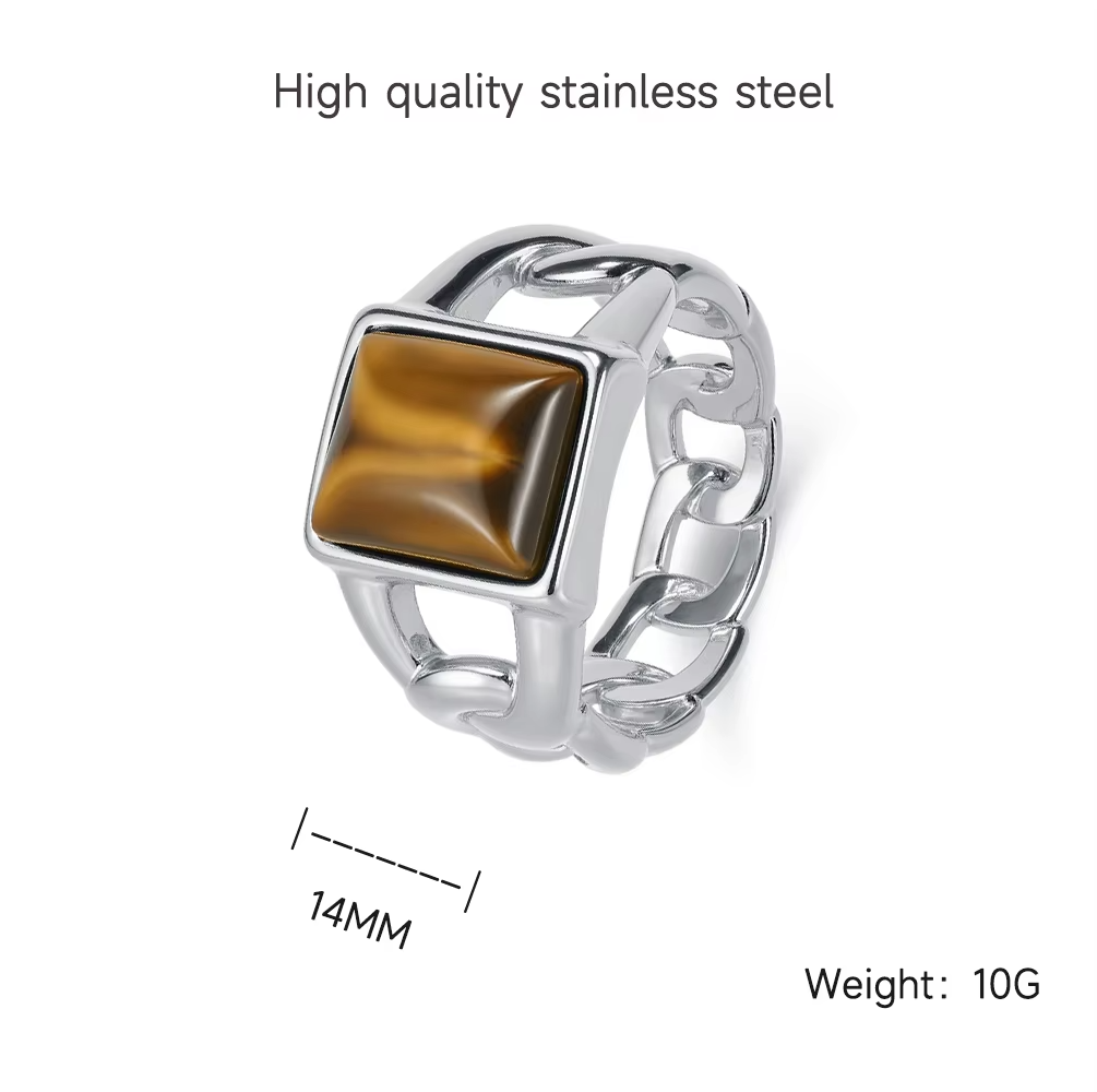 14mm Square Tiger Eye & Black Onyx Inlay Cuban Chain Stainless Steel Ring – Gold & Silver Unisex Fashion Jewelry