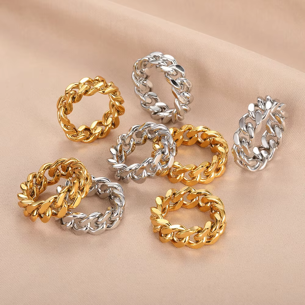 Hip Hop Bold Chain Ring – Stainless Steel Gold Silver Statement Jewelry for Women