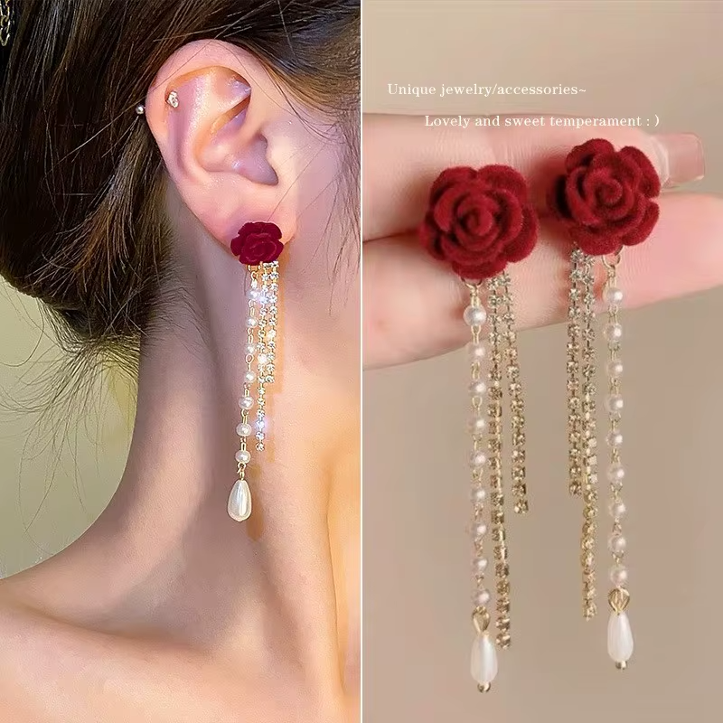 French Vintage Burgundy Fairy Earrings Wholesale Flocked Red Camellia Flower Pearl Red Camellia Flower Tassel Earrings for Women