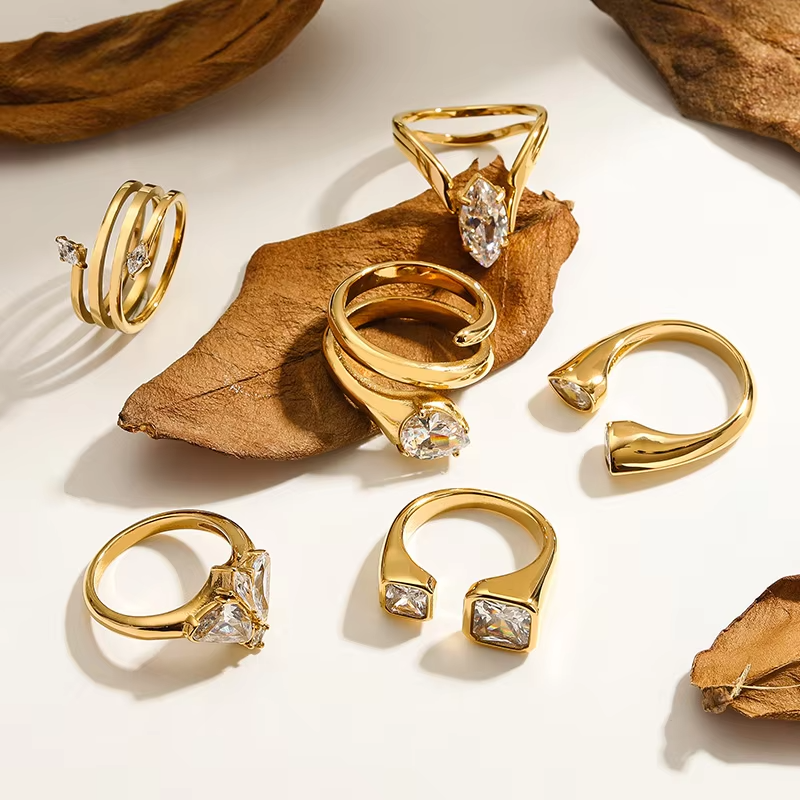 18K Gold Plated Waterproof Zircon Stainless Steel Stackable Rings Set for Women – Elegant Engagement Jewelry