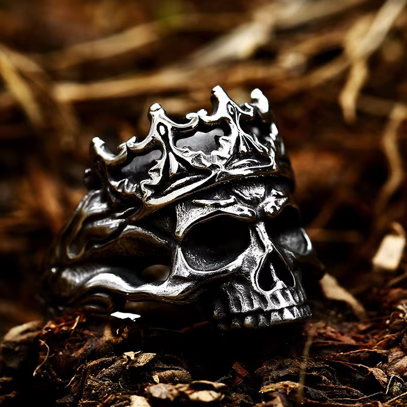Stainless Steel Skull Crown Ring – Black Silver Trendy Gothic Lucky Head Ring for Men