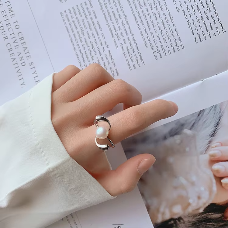 8-8.5mm Natural Freshwater Pearl 925 Sterling Silver Adjustable Ring – Elegant Wedding Jewelry for Women