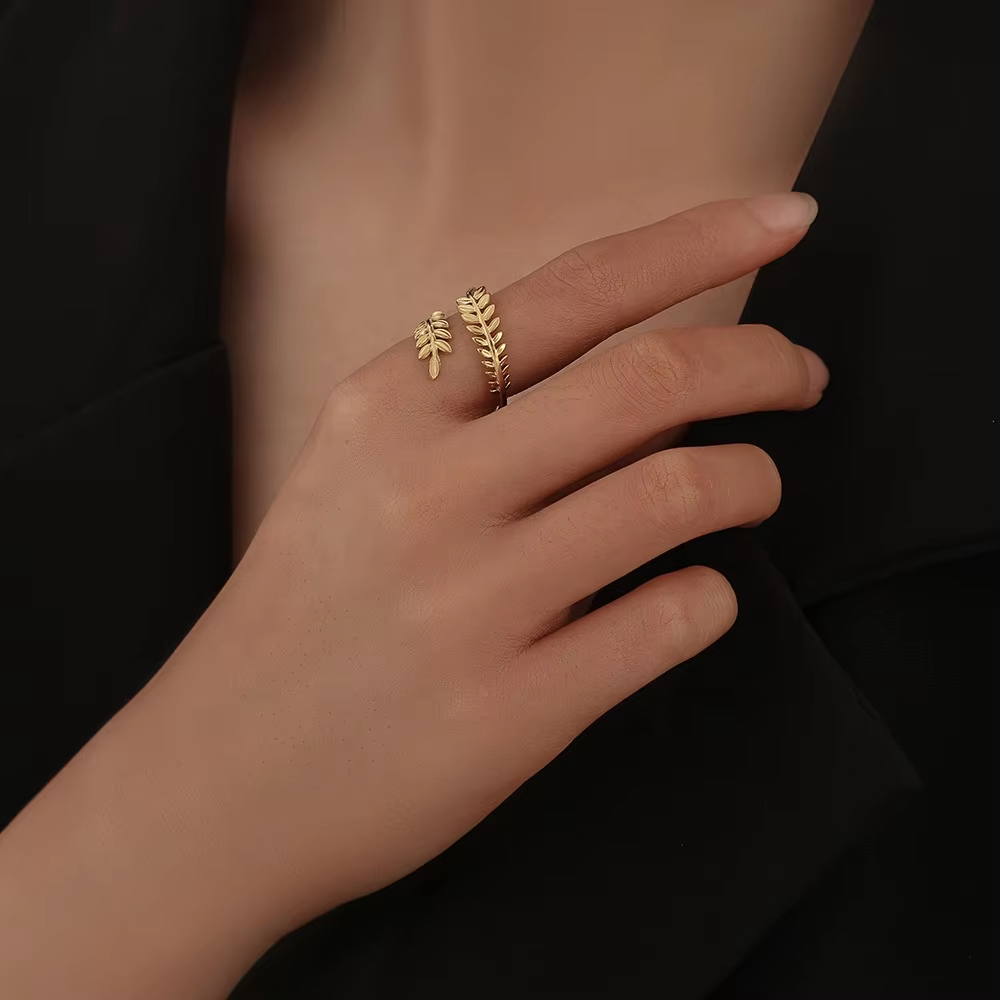 Women's Adjustable Stainless Steel Leaf Open Ring – Nature Inspired Tree Branch Design Jewelry