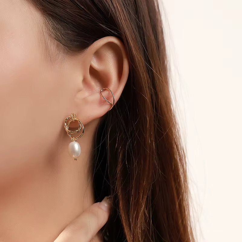 925 Sterling Silver Pearl Drops Earrings Double Hoops Baroque Pearl Earrings