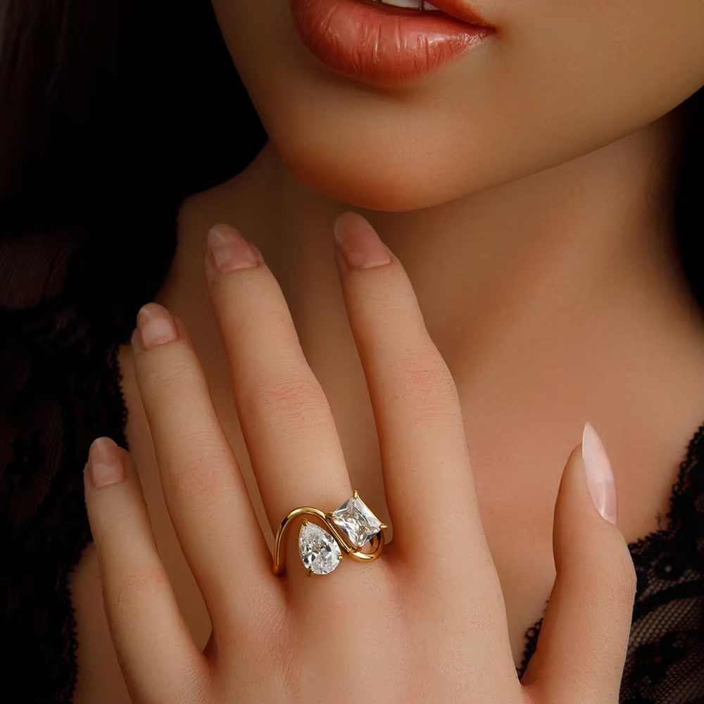 Unique Design 18K Gold Plated Stainless Steel Ring – Teardrop & Square Zircon Splicing Waterproof Jewelry for Women