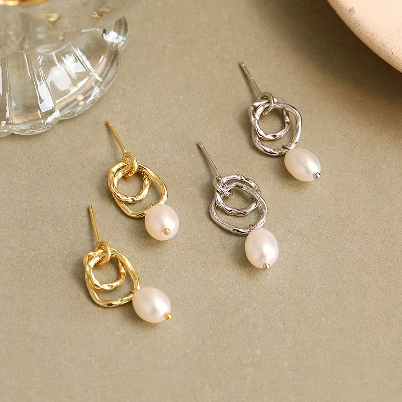 925 Sterling Silver Pearl Drops Earrings Double Hoops Baroque Pearl Earrings