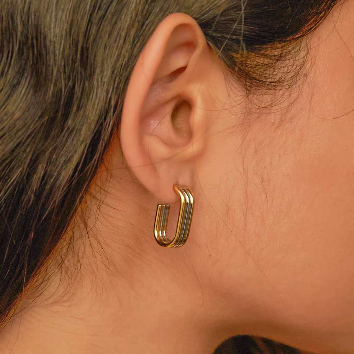 Jewelry Geometric 18K Gold Plated Stainless Steel Connect Color Three Layer Hoop Earring