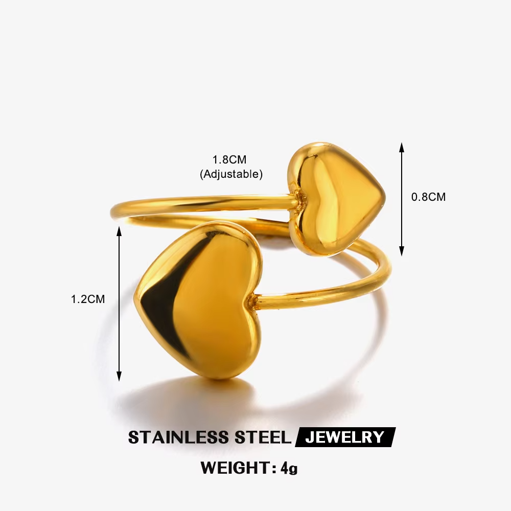 18K Gold Plated Double Heart Adjustable Ring – Waterproof Stainless Steel Jewelry for Women & Girls