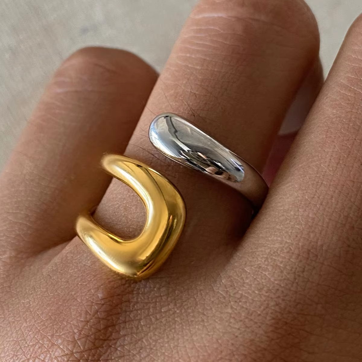 New Design Two-Tone Colorblock Cross Asymmetric Ring – 18K PVD Gold Plated Stainless Steel Statement Open Ring for Women