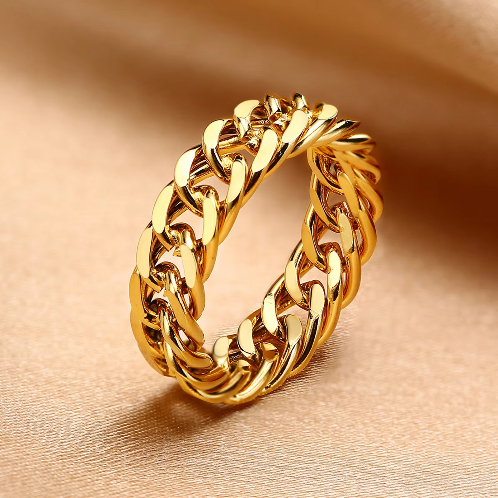 Fashion Trend Cuban Chain Men's Ring – Personalized Hollow Stainless Steel Ring in Gold and Silver