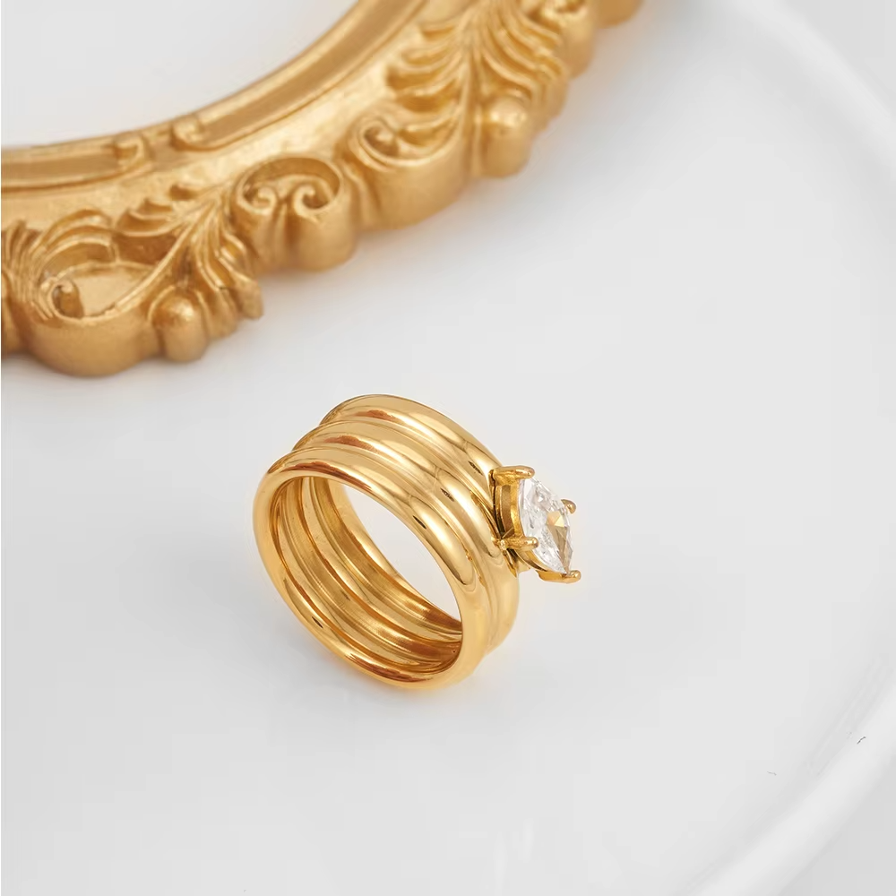 Latest 18K Gold Plated Spiral Coil Zircon Ring – Trendy Stainless Steel Fashion Jewelry for Women