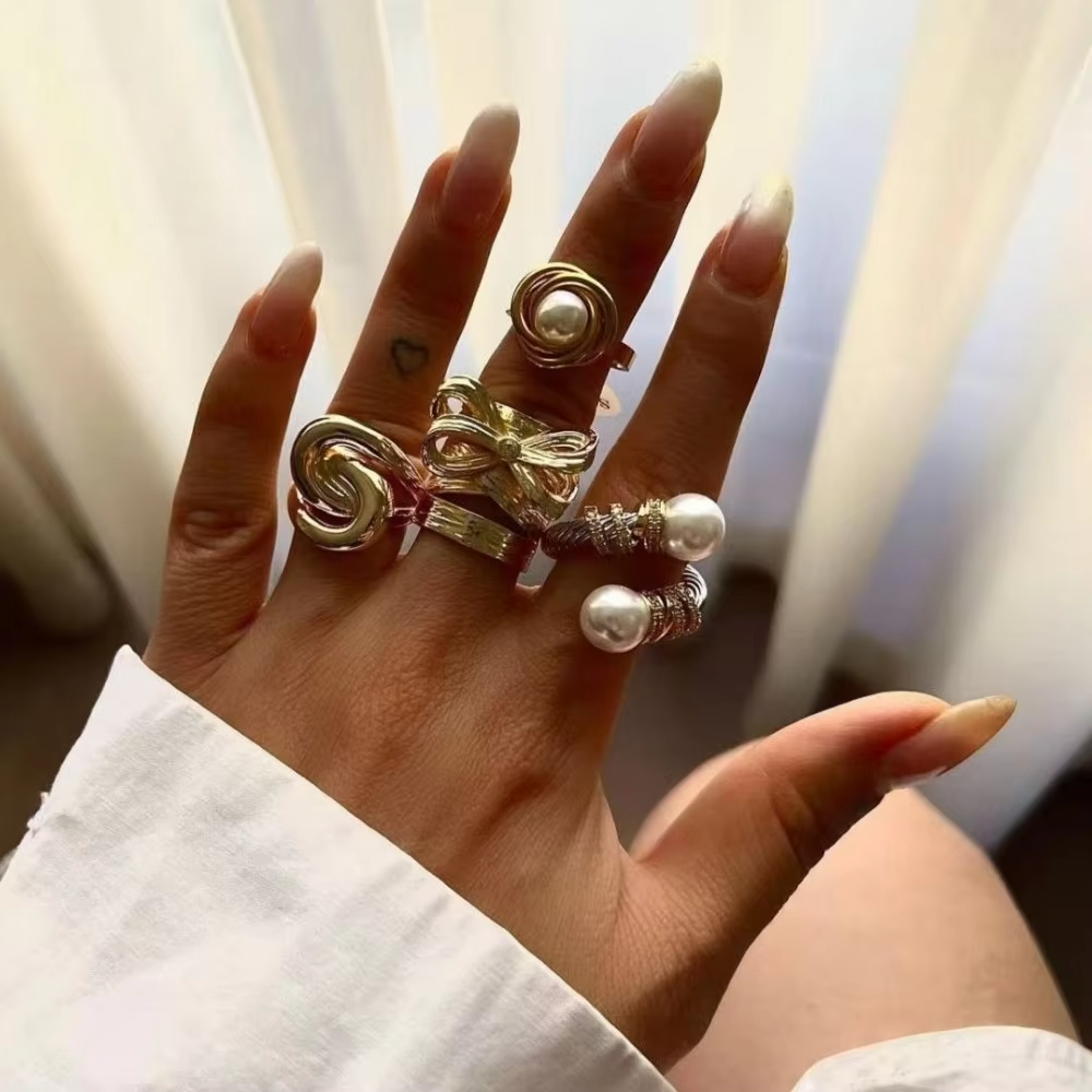 Classic Geometric Multi-Layer 18K Gold-Plated Stainless Steel Ring with Pearl Accent