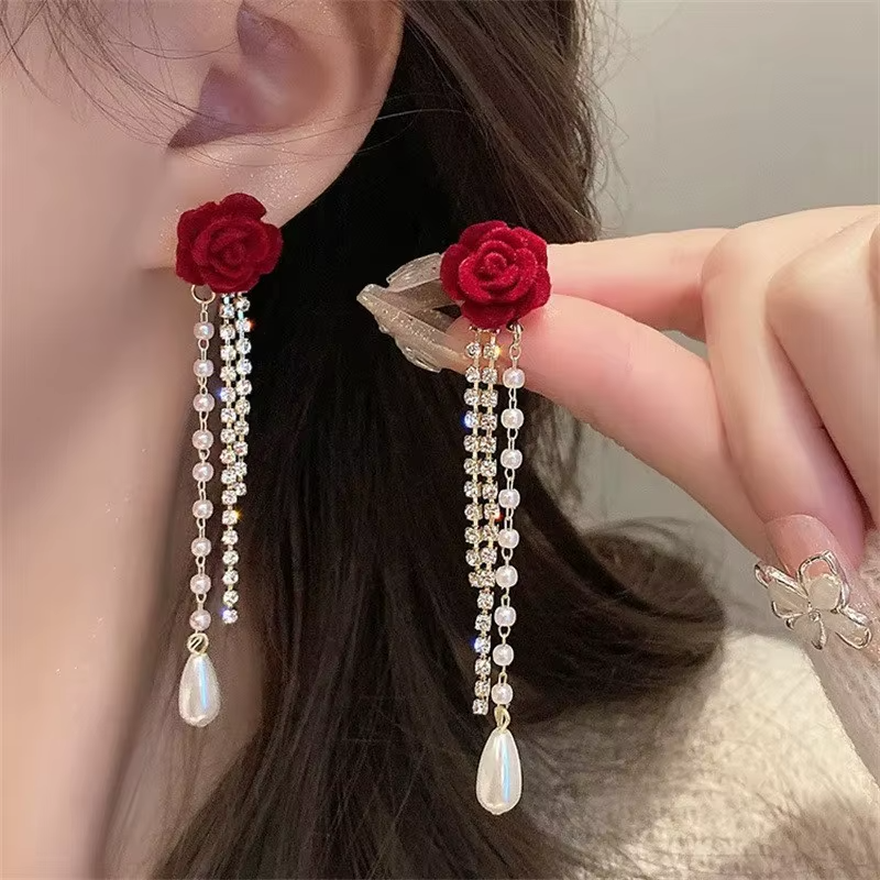 French Vintage Burgundy Fairy Earrings Wholesale Flocked Red Camellia Flower Pearl Red Camellia Flower Tassel Earrings for Women
