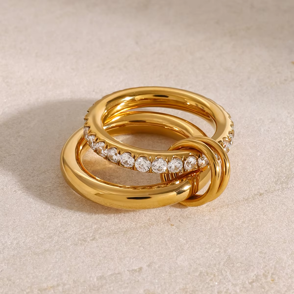Trending 18K Gold Plated Stainless Steel Double Layer Ring – White Zircon Stackable Eternity Band for Women