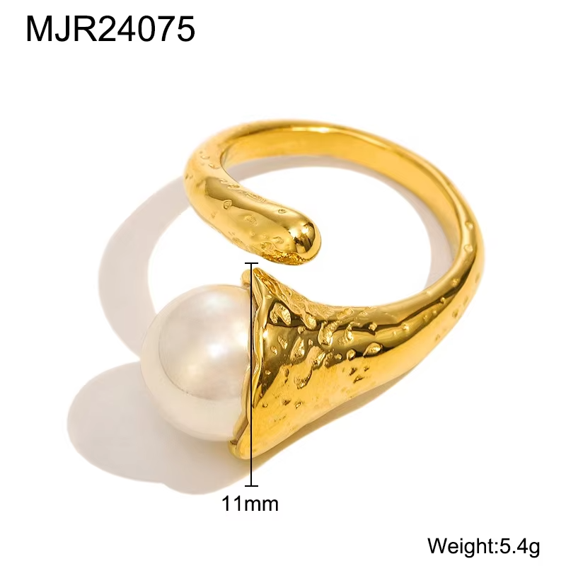18K Gold Plated Stainless Steel Pearl Open Ring – Irregular Minimalist Design for Women
