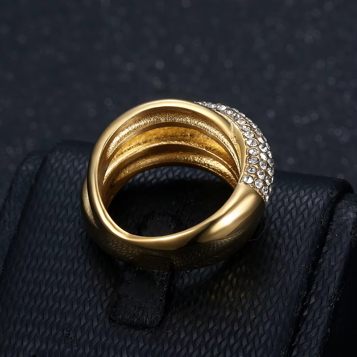 Luxury Hip-Hop Style Three-Band Gold-Plated Ring – European American Fashion Stainless Steel Diamond-Studded Jewelry