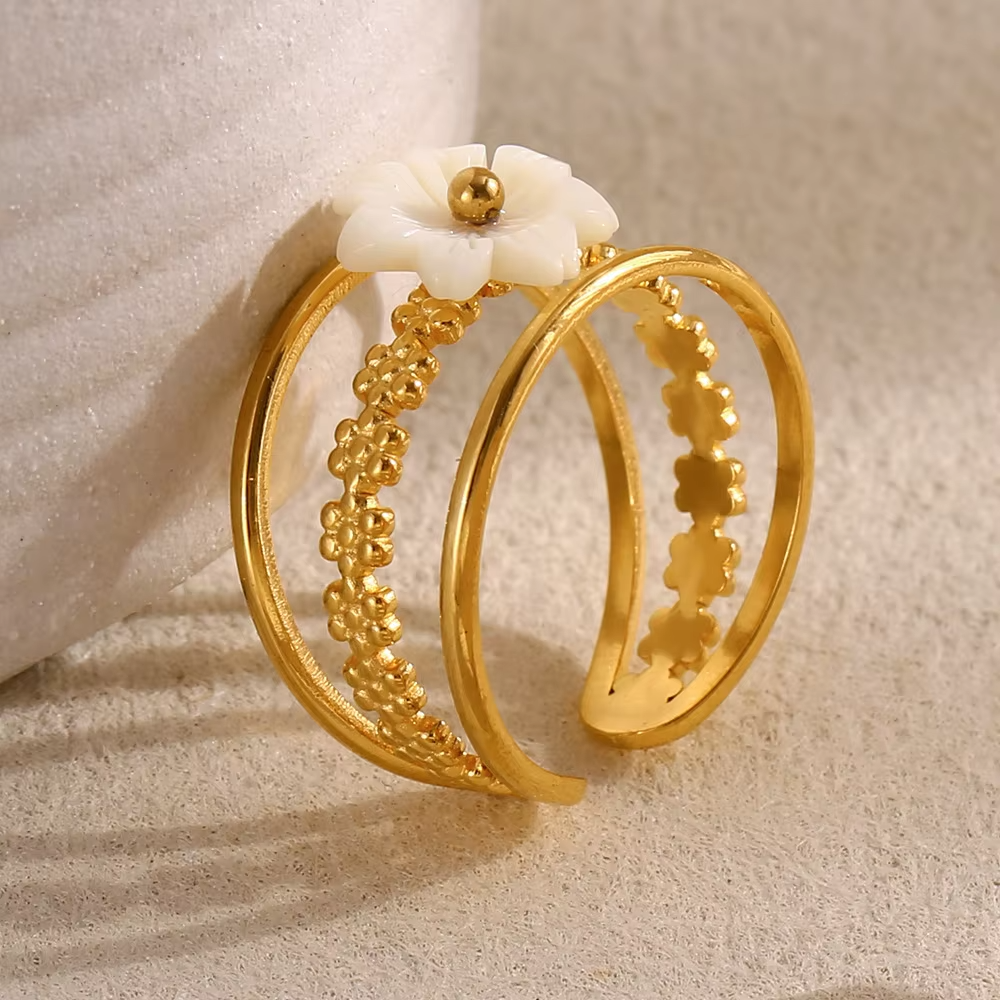 New Fashion Natural Shell Flower Adjustable Ring – 18K Gold Plated Stainless Steel Finger Jewelry for Women