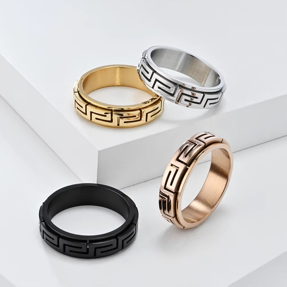 Bold Greek Key Pattern Adjustable Ring – Gold and Silver Stainless Steel Open Band Fashion Jewelry for Men and Women