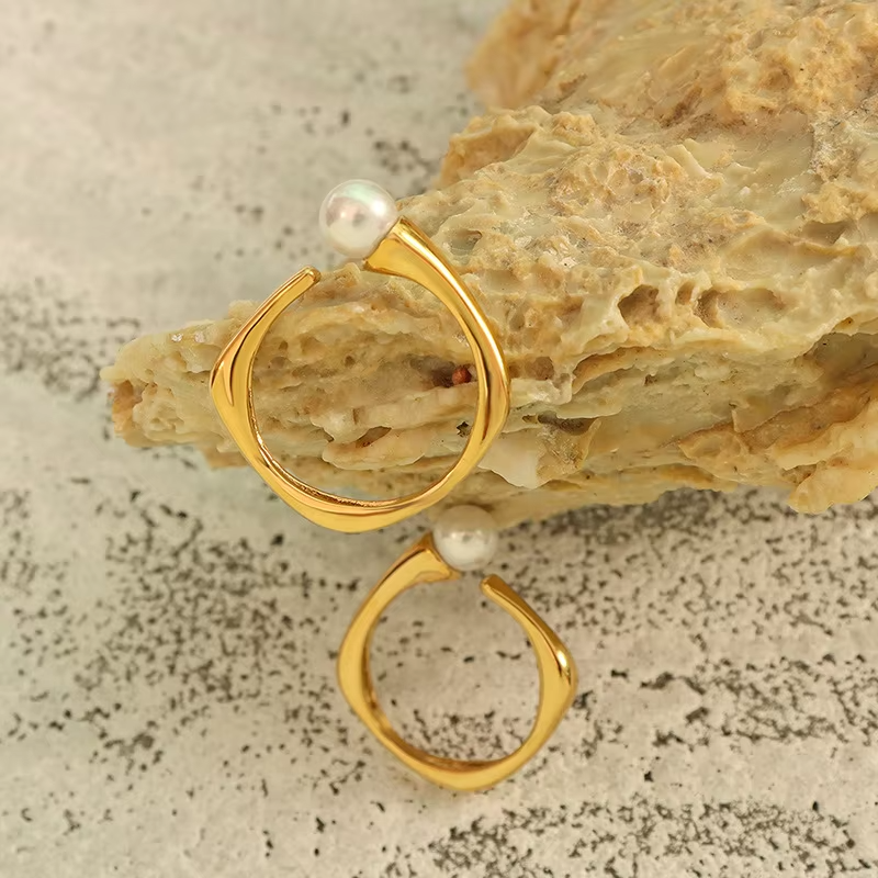 Korean Style Dainty Adjustable Pearl Ring for Women – 18K Gold Plated Stainless Steel Open Cuff Design