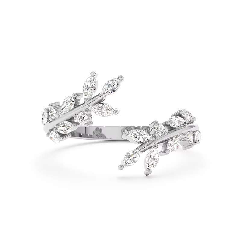 Elegant Olive Leaf Open Ring in 925 Sterling Silver with 18K Gold Plating and Zircon Stones