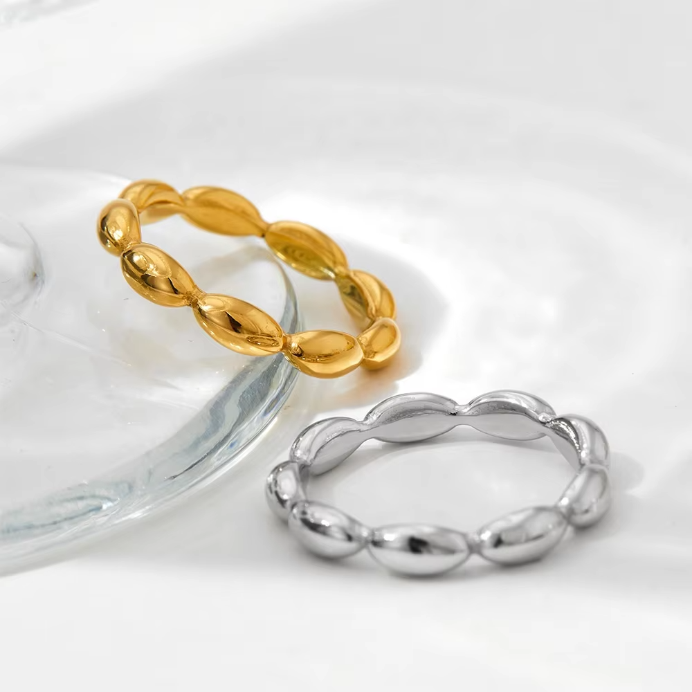 Silver & Gold Plated Oval Bead Stainless Steel Rings – Minimalist Wedding & Fashion Jewelry for Women