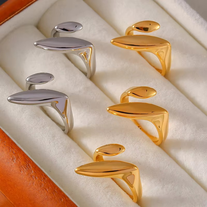 Unique Geometric Open Rings in Waterproof Stainless Steel with 18K Gold and Silver Plating