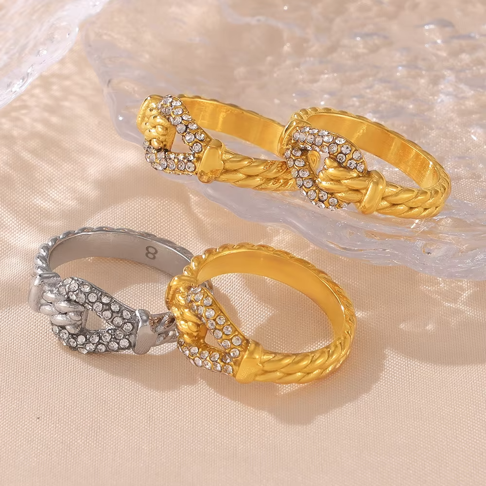 18K Gold & Silver Plated Stainless Steel Diamond Twist Rings – Wedding Party Jewelry Set