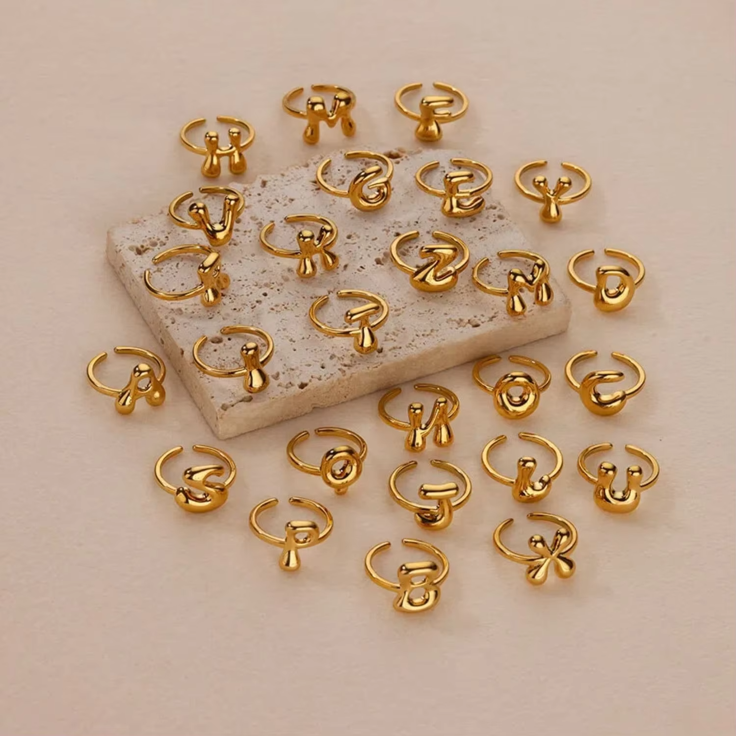 Alphabet A-Z Bubble Initial Adjustable Finger Rings Cute Balloon 26 Letter Gold Stainless Steel Cuff Open Rings for Women Girls