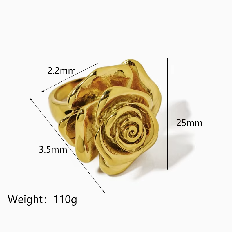 Elegant 18K Gold Plated Stainless Steel Large Rose Flower Ring – Romantic Waterproof Vintage Blossom Statement Jewelry