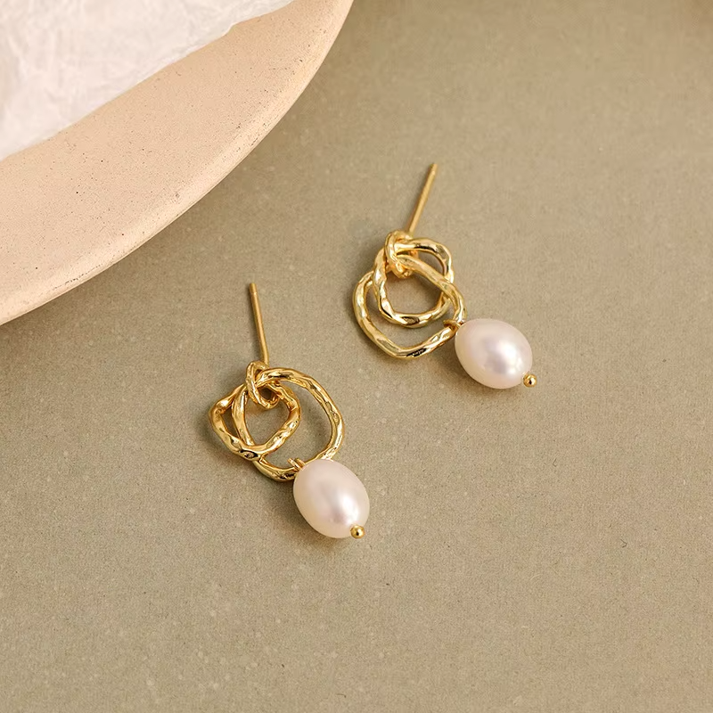 925 Sterling Silver Pearl Drops Earrings Double Hoops Baroque Pearl Earrings