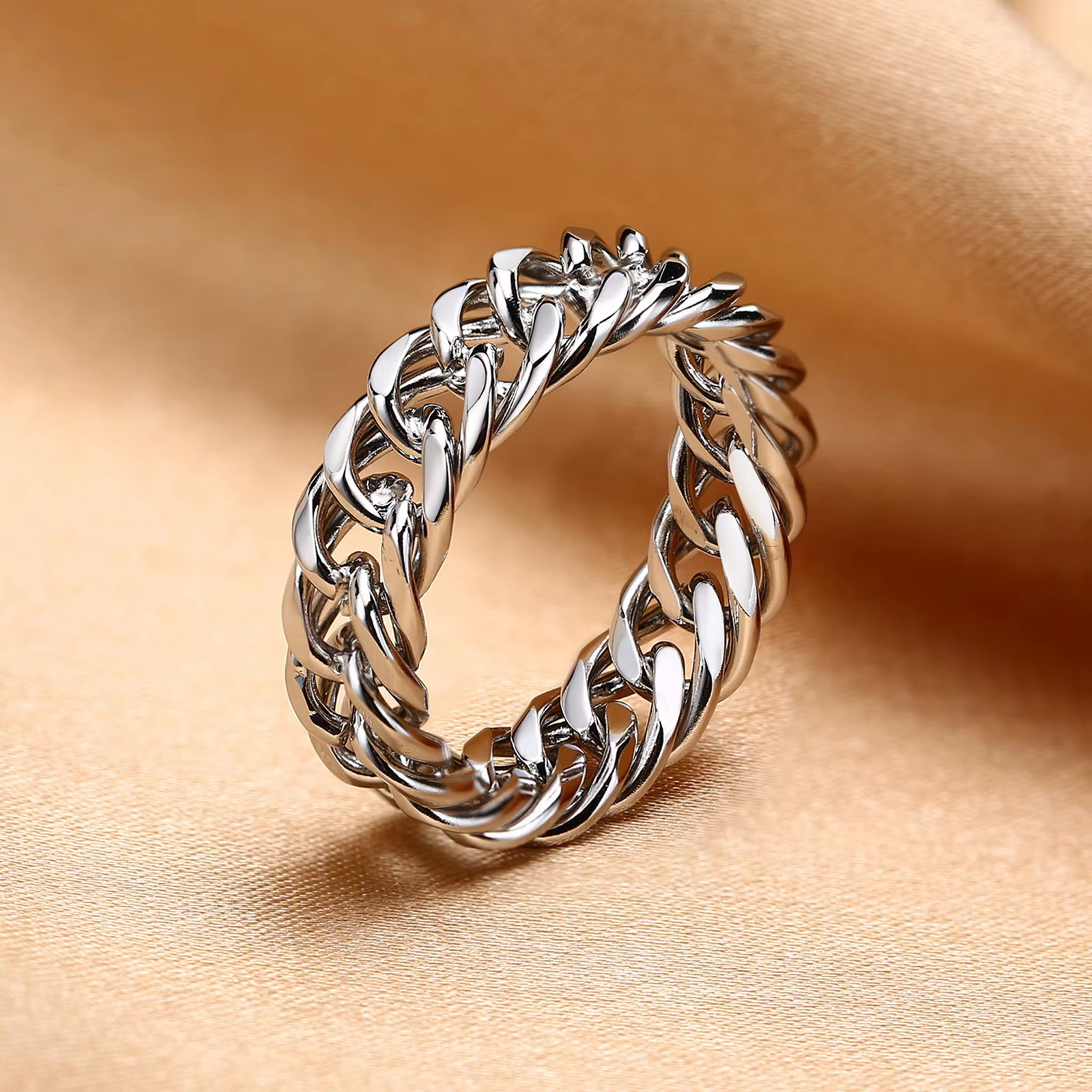 Fashion Trend Cuban Chain Men's Ring – Personalized Hollow Stainless Steel Ring in Gold and Silver