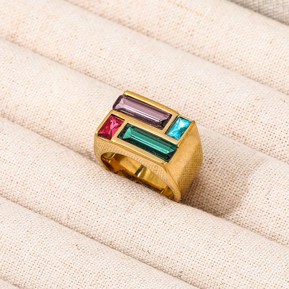 INS Hot High-End 18K Gold Plated Colorful Rectangle Crystal Ring for Women - Trendy Statement Jewelry
