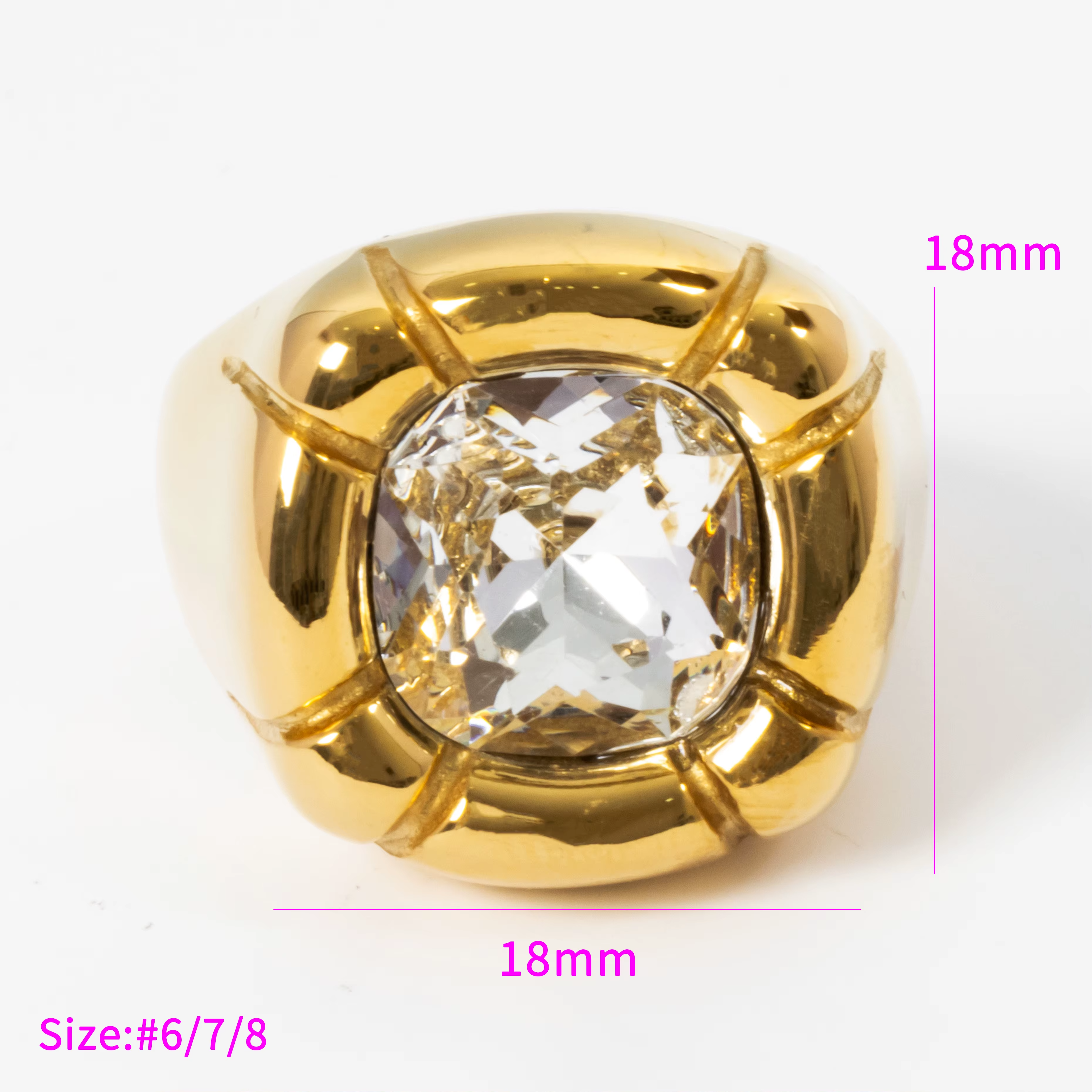 Trendy 14K Gold Plated Stainless Steel Square Zircon Ring – Waterproof Jewelry Gift for Women