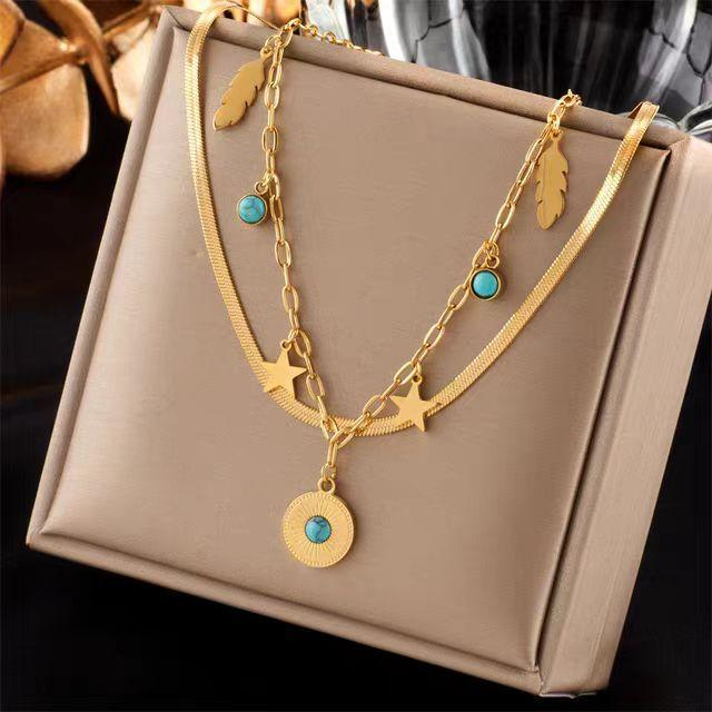 Boho Layered Gold Necklace with Stars and Feathers – Turquoise Accent Jewelry