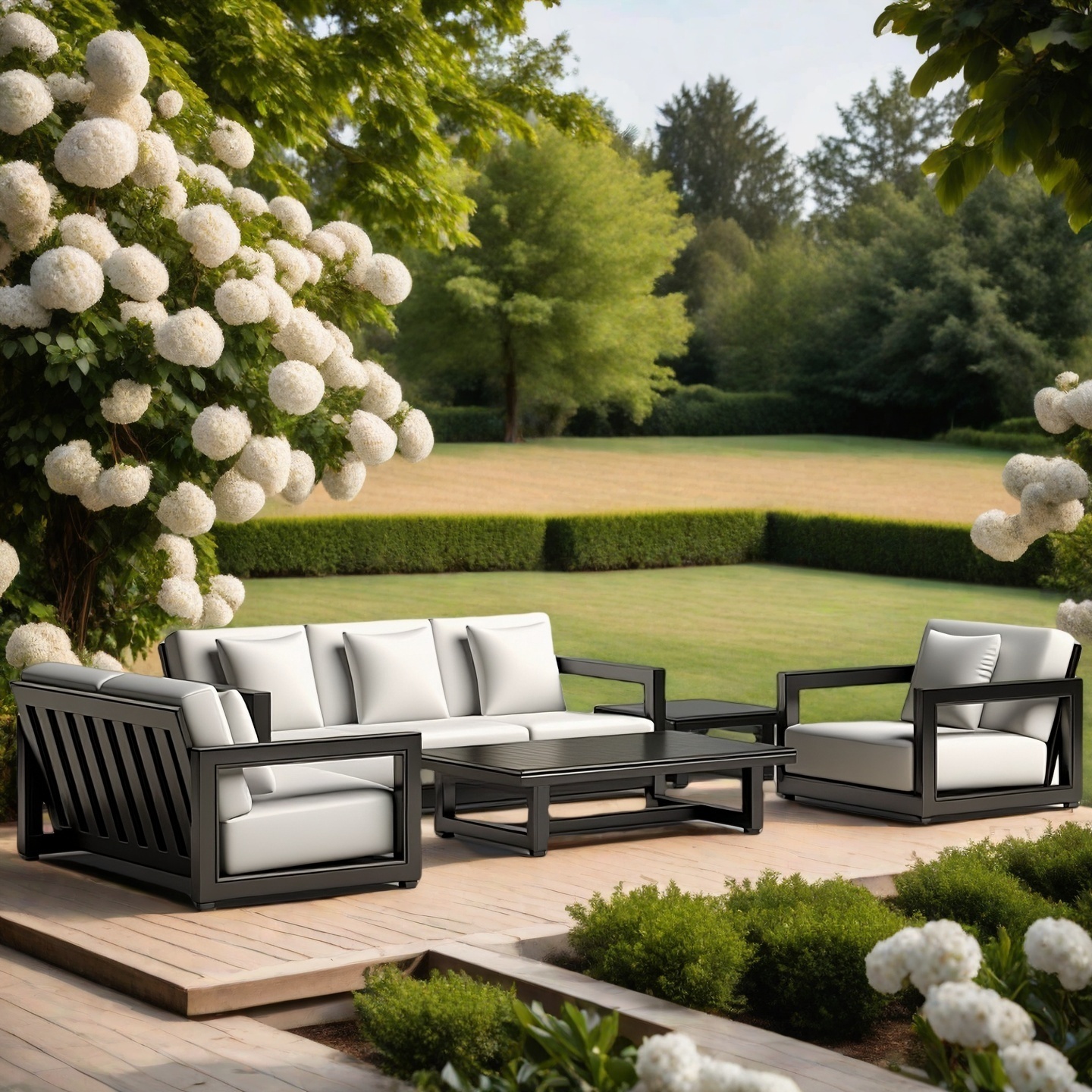 5-Piece Black Aluminum Outdoor Sofa Set – Modern Patio Lounge with Slatted Table