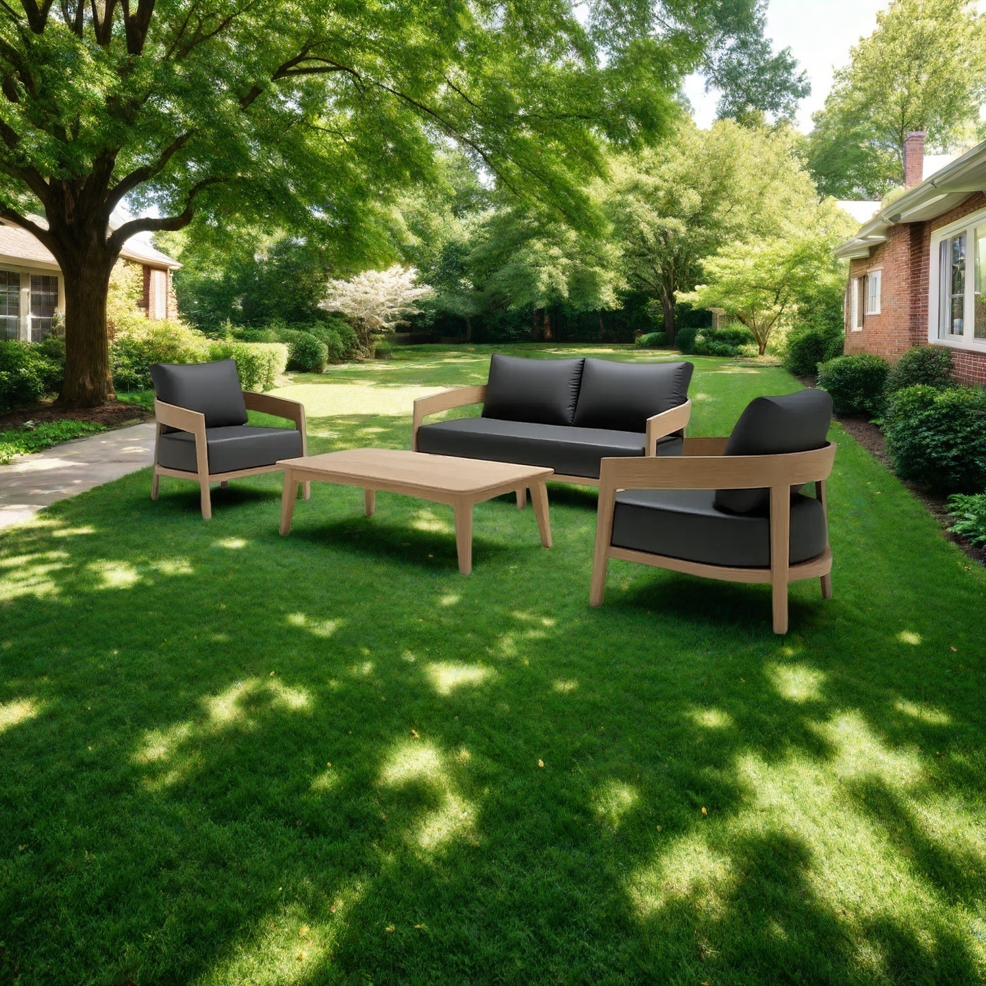 Contemporary Teak Wood Outdoor Sofa Set with Black Cushions – 4-Piece Patio Lounge Furniture Set