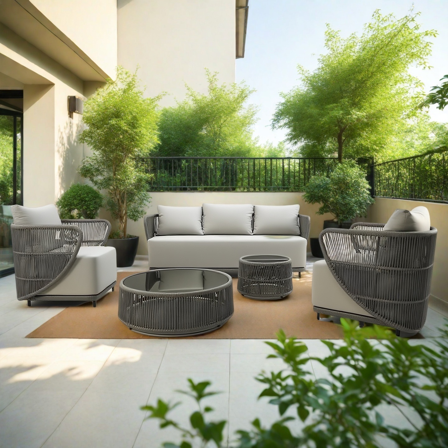 Customizable PE Rattan Outdoor Sofa Set, Modern and Modular, Includes Chairs, Sofa, and Coffee Tables